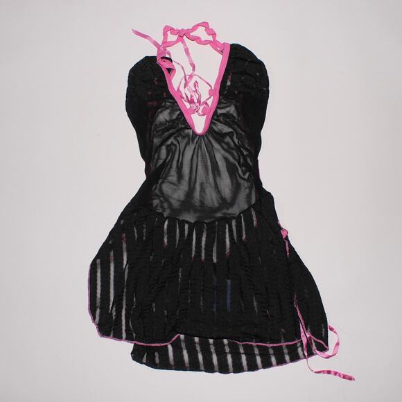 Risque Black Semi Sheer Cami With Hot Pink Details And A Deep Cutback Onesize - Picture 1 of 5